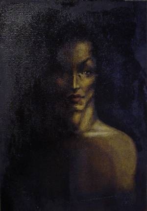 Deus Pan: retrato com rosto parcialmente iluminado sobre fundo escuro